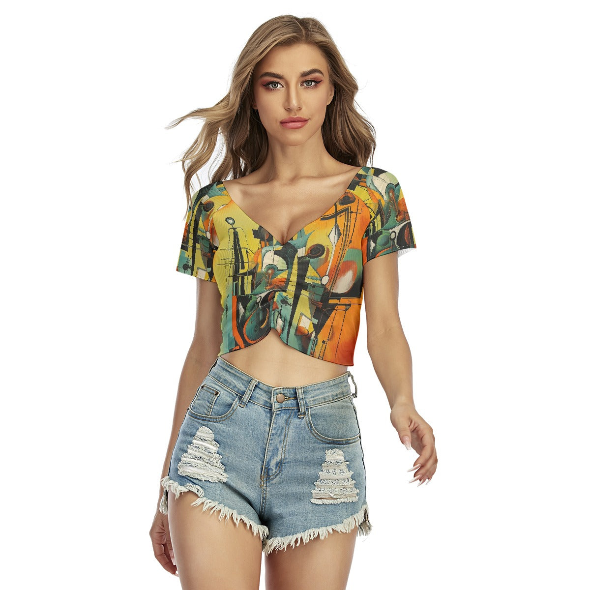 All-Over Print Women's Raglan Drawstring Front  Crop Tee