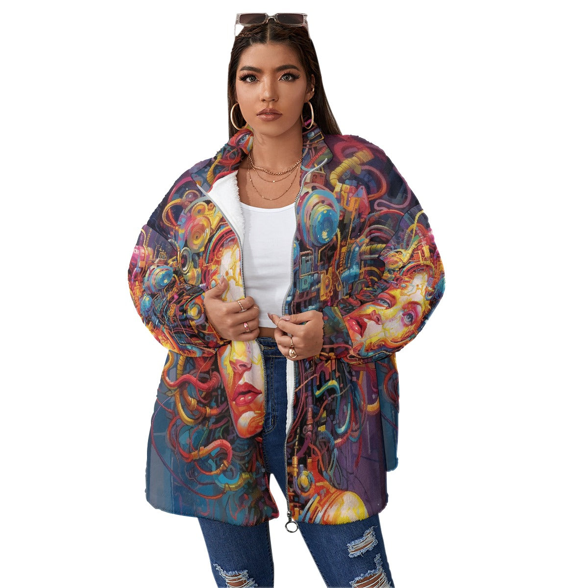 All-Over Print Unisex Borg Fleece Stand-up Collar Coat With Zipper Closure(Plus Size)