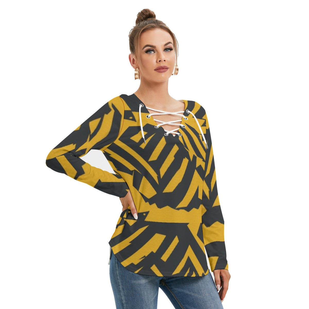 All-Over Print Women's Long Sleeve Neckline Tie Sweatshirt