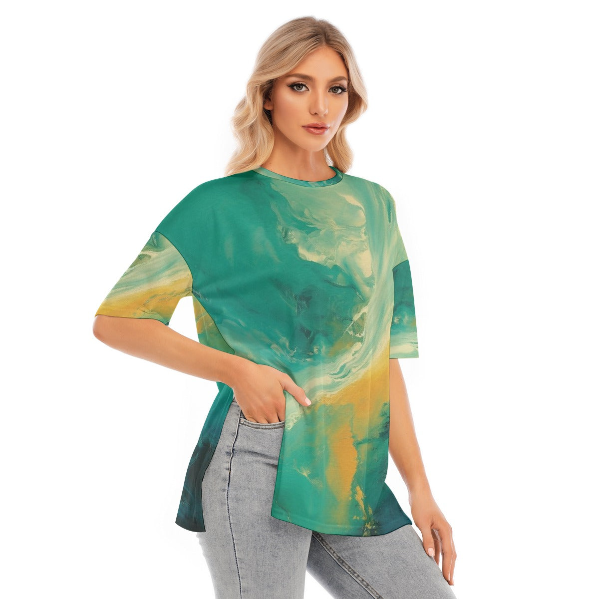 All-Over Print Women's Short Sleeves T-shirt With Hem Split