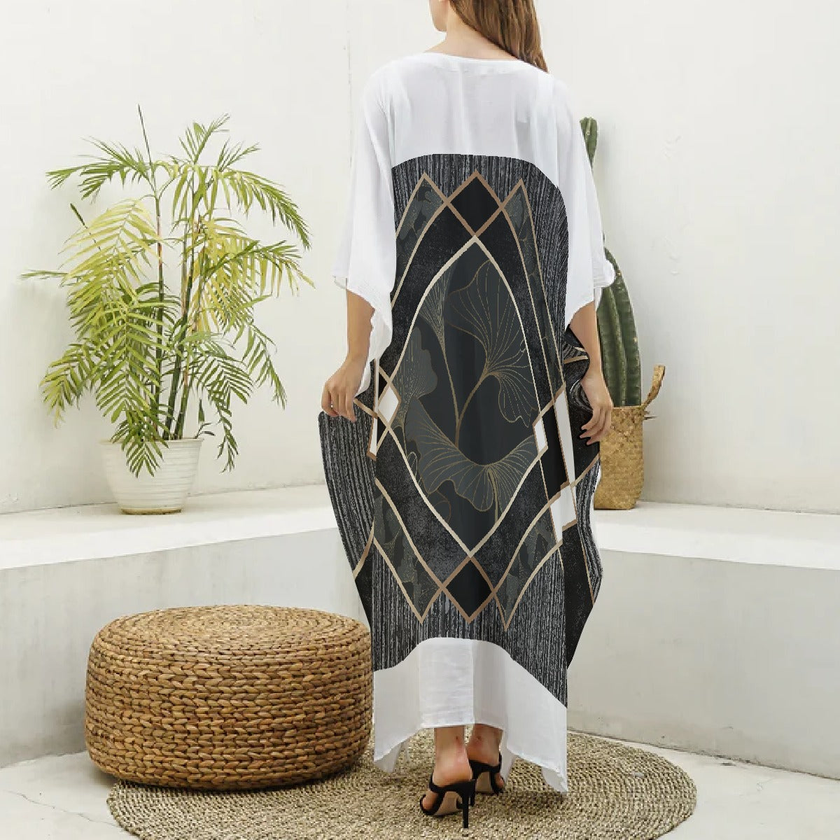 All-Over Print Women's Imitation Silk V-neck Kaftan Robe