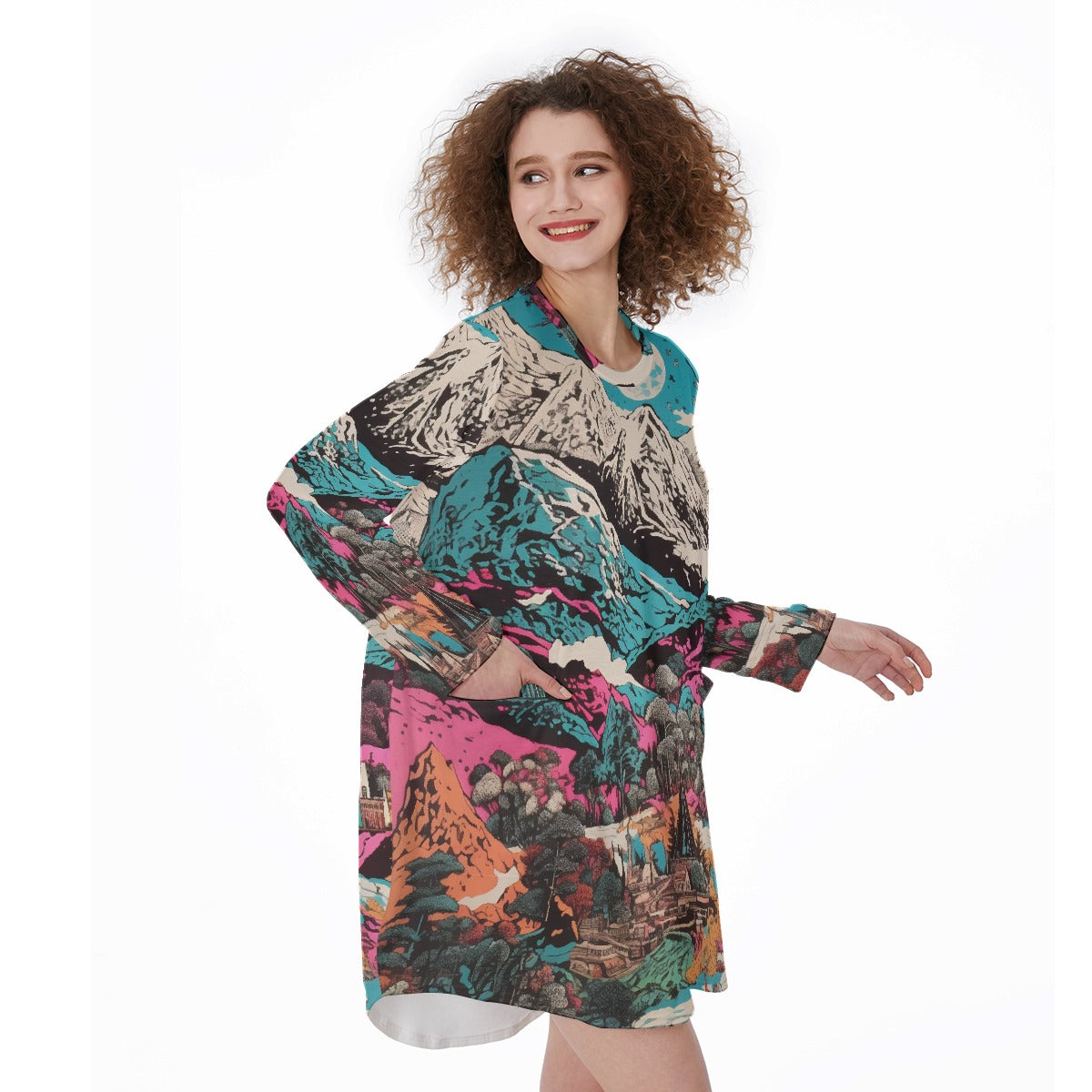 All-Over Print Women's Casual Loose Long Sleeve Dress With Pocket