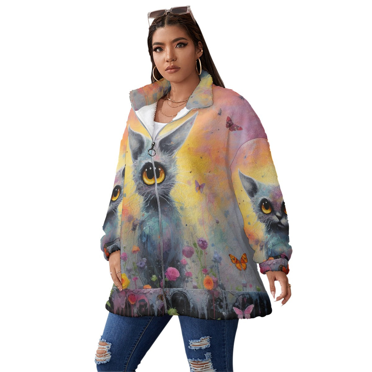 All-Over Print Unisex Borg Fleece Stand-up Collar Coat With Zipper Closure(Plus Size)
