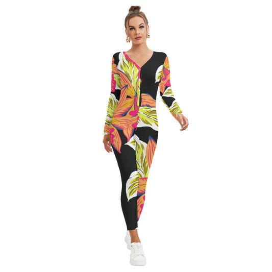 All-Over Print Women's Plunging Neck Jumpsuit