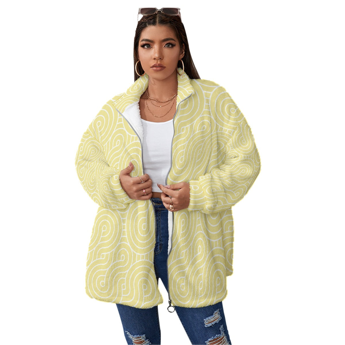 All-Over Print Unisex Borg Fleece Stand-up Collar Coat With Zipper Closure(Plus Size)