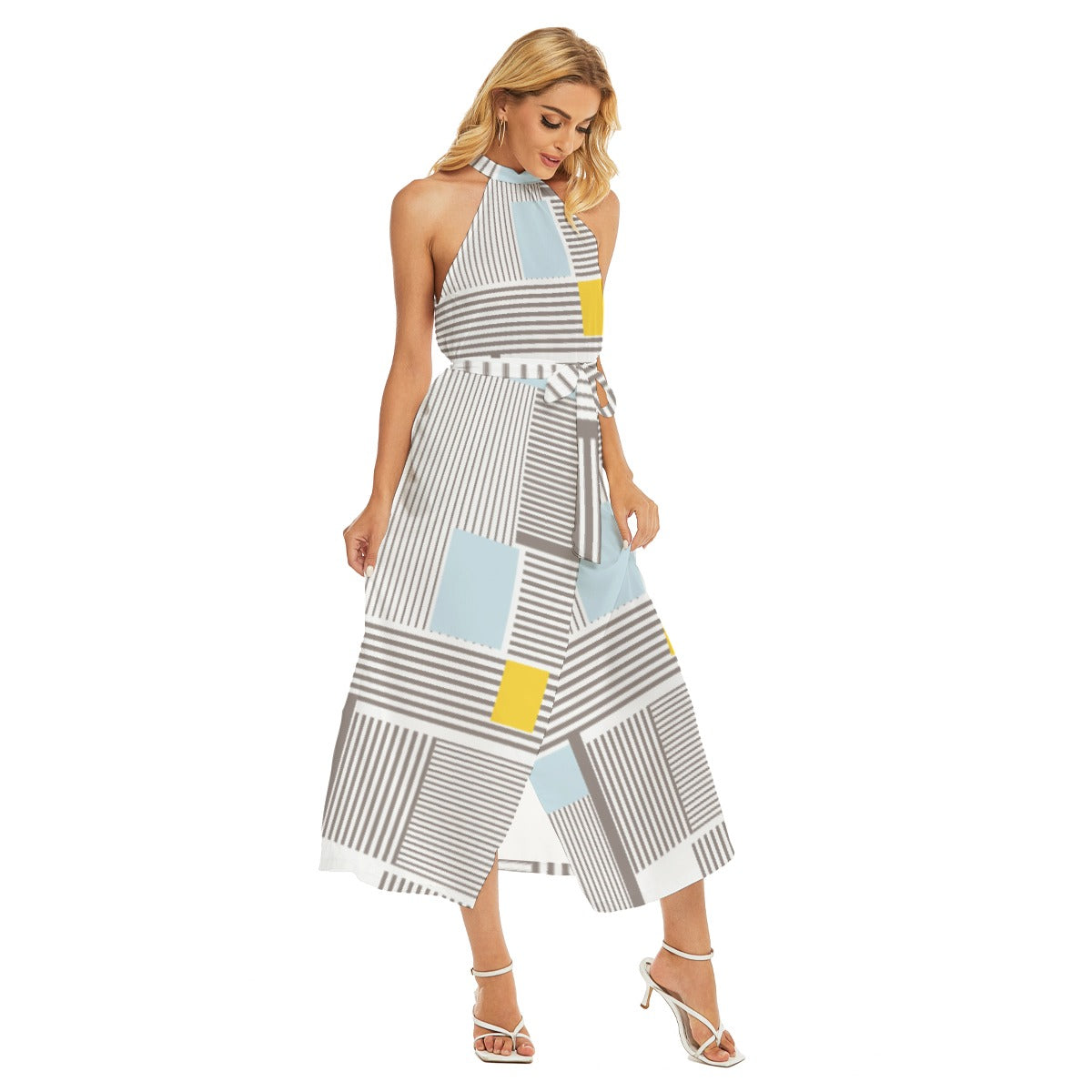 All-Over Print Women's Wrap Hem Belted Halter Dress