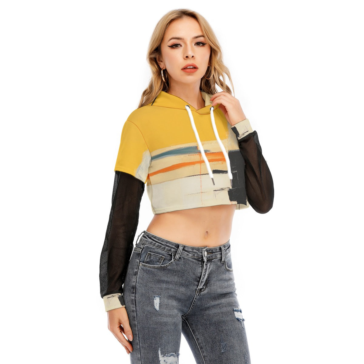 All-Over Print Women's Fake Two-piece Mesh Sleeve Cropped Hoodie
