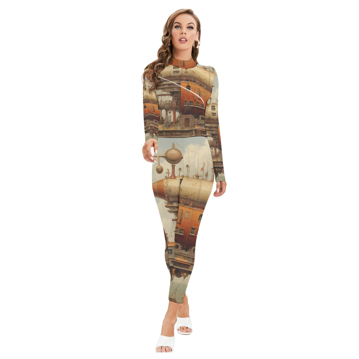 All-Over Print Women's Long-sleeved High-neck Jumpsuit With Zipper