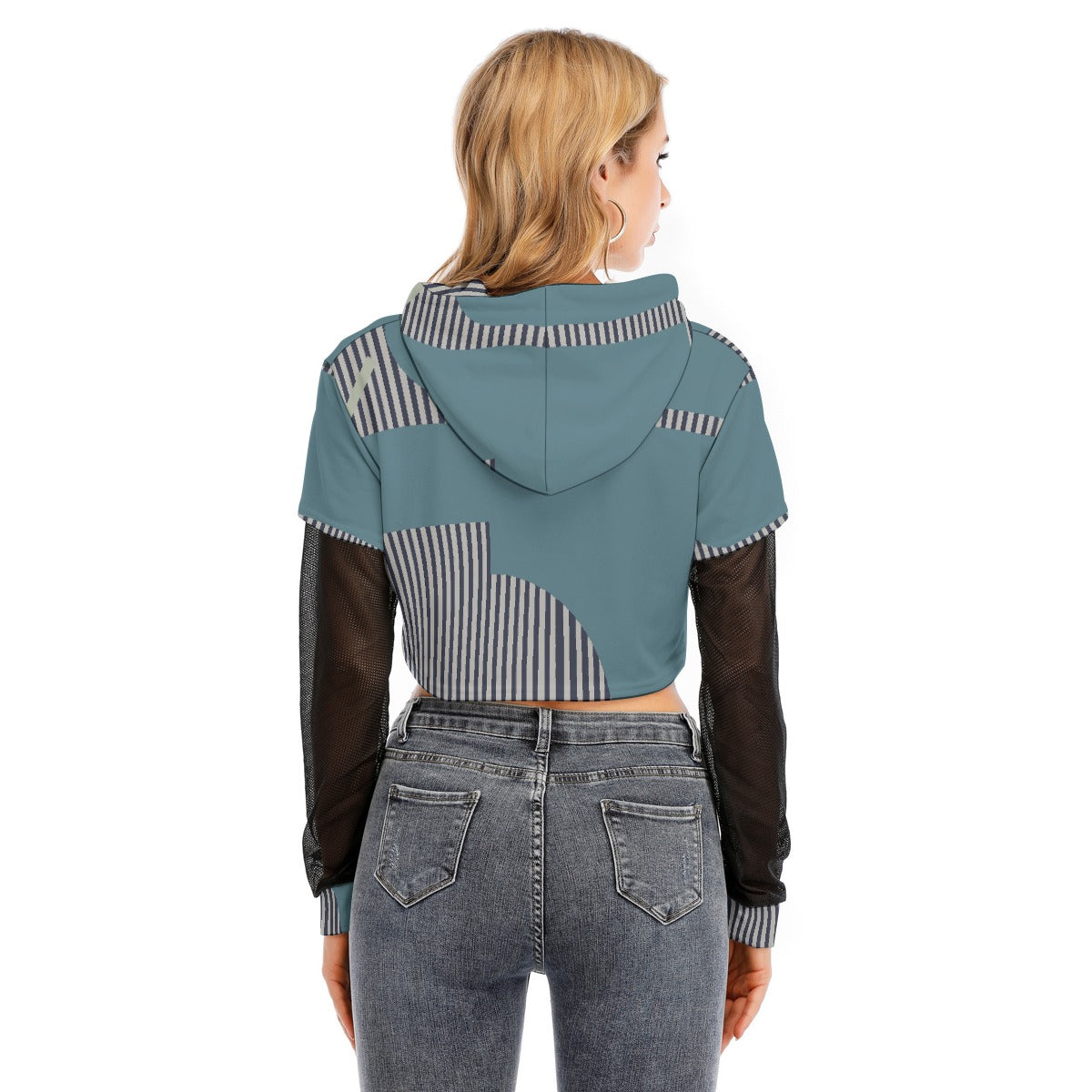 All-Over Print Women's Fake Two-piece Mesh Sleeve Cropped Hoodie