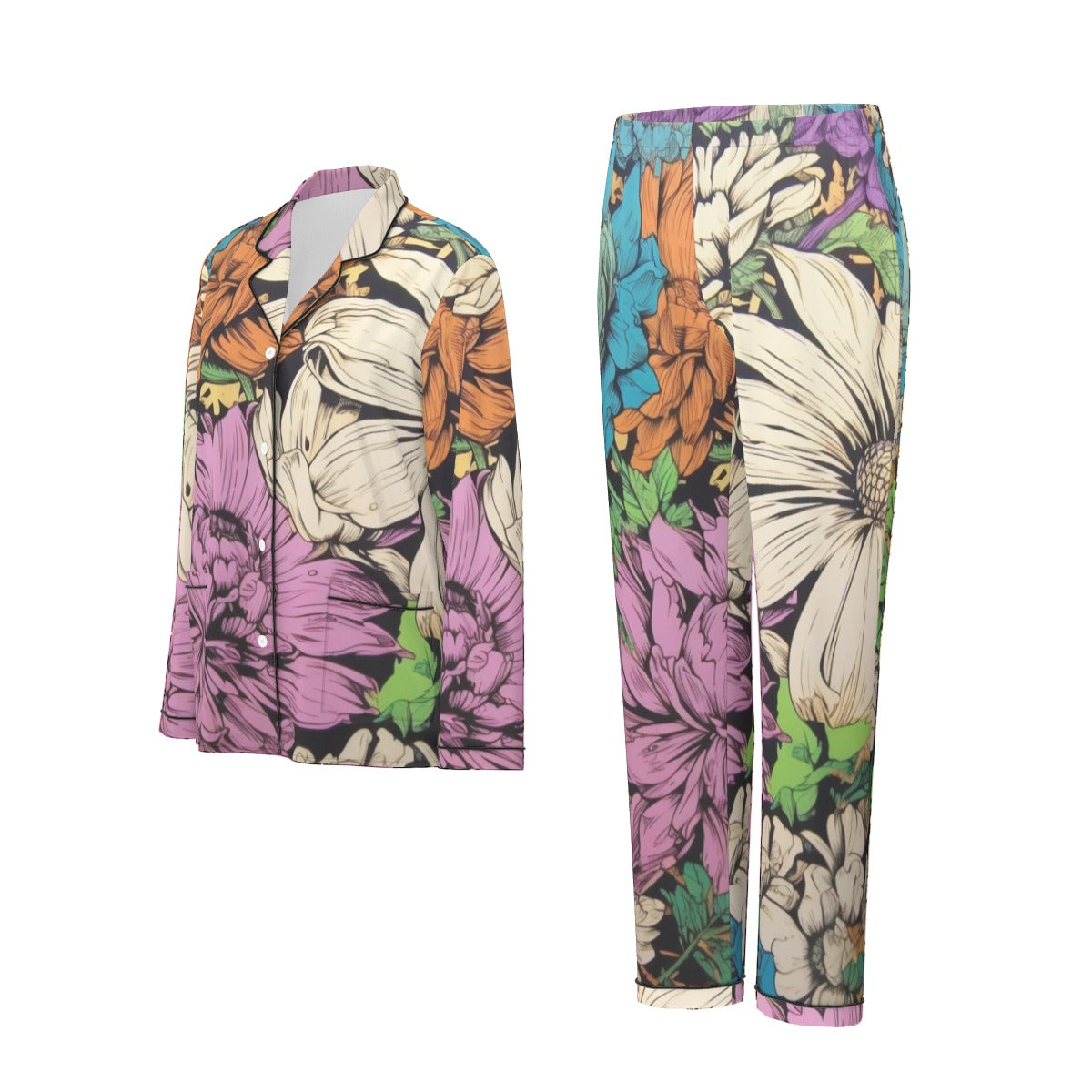 All-Over Print Women's Long Sleeve Pajama Set With Black Contrast Piping