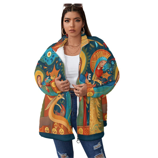 All-Over Print Unisex Borg Fleece Stand-up Collar Coat With Zipper Closure(Plus Size)