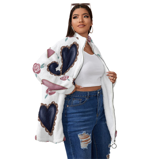 All-Over Print Unisex Borg Fleece Stand-up Collar Coat With Zipper Closure(Plus Size)