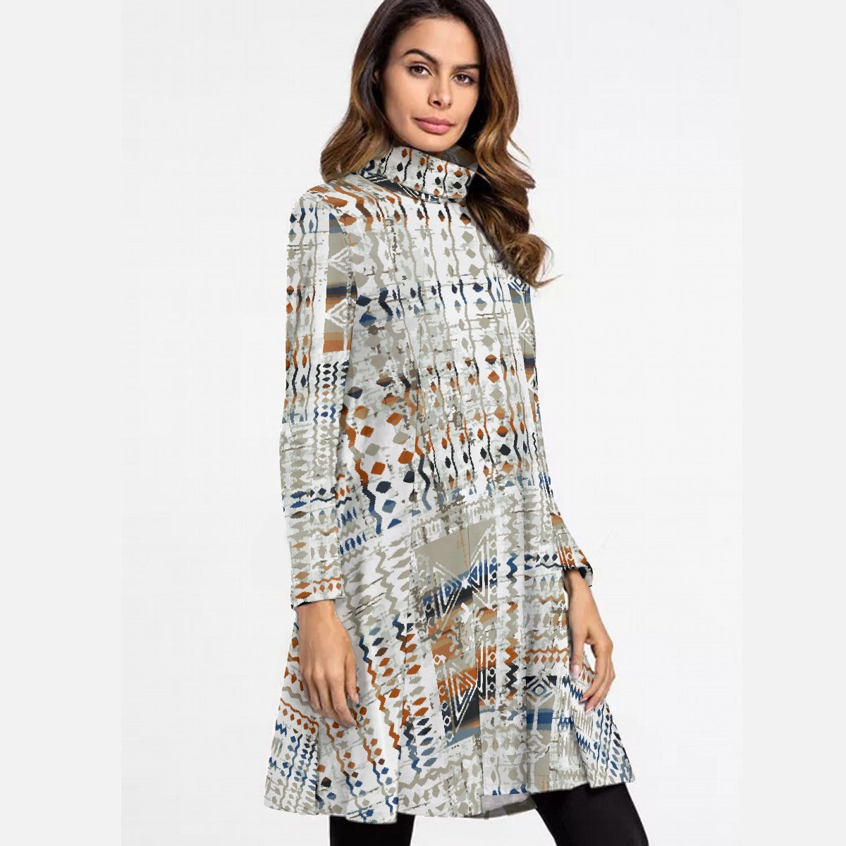 All-Over Print Women's High Neck Dress With Long Sleeve
