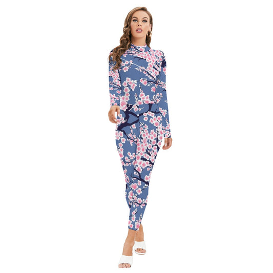 All-Over Print Women's Long-sleeved High-neck Jumpsuit With Zipper