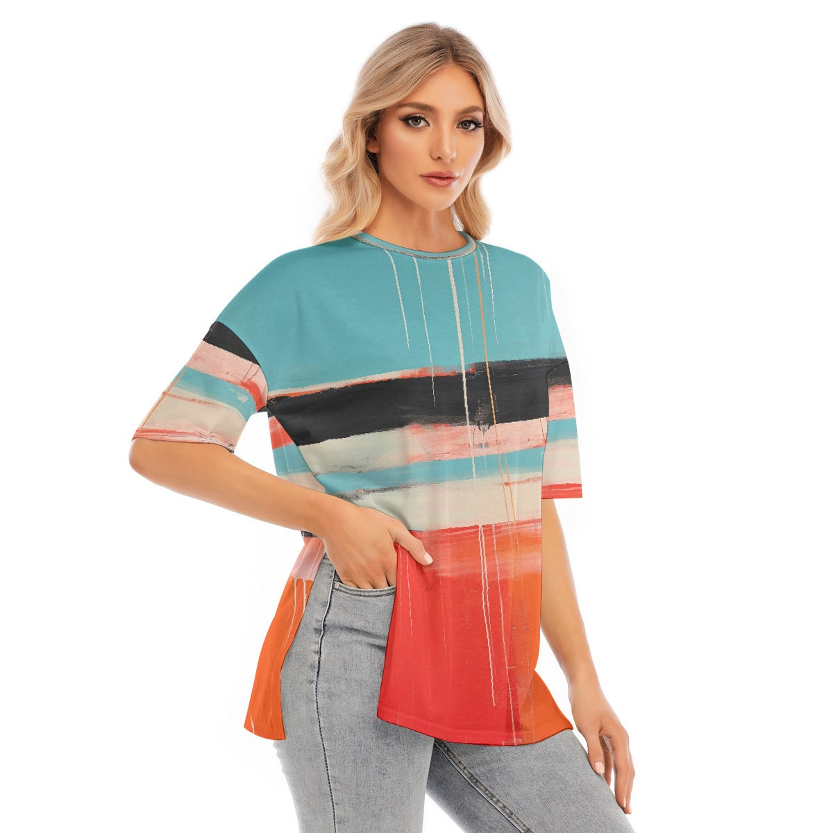 All-Over Print Women's Short Sleeves T-shirt With Hem Split