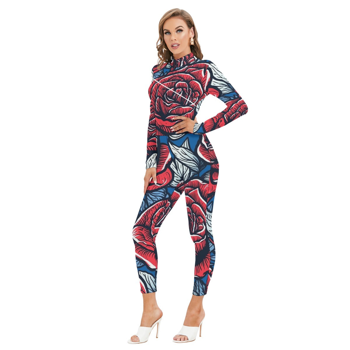 All-Over Print Women's Long-sleeved High-neck Jumpsuit With Zipper