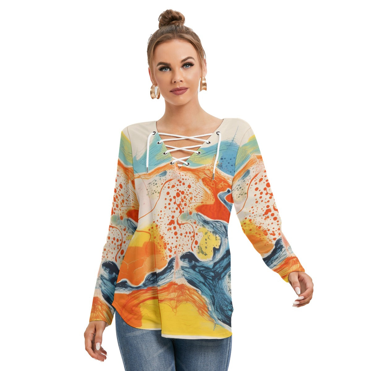 All-Over Print Women's Long Sleeve Neckline Tie Sweatshirt