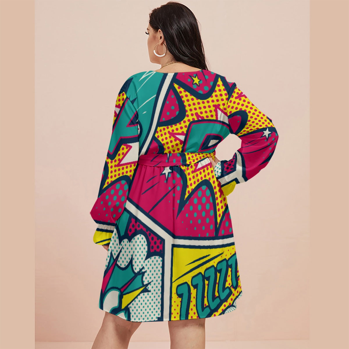 All-Over Print Women's V-neck Dress With Waistband(Plus Size)