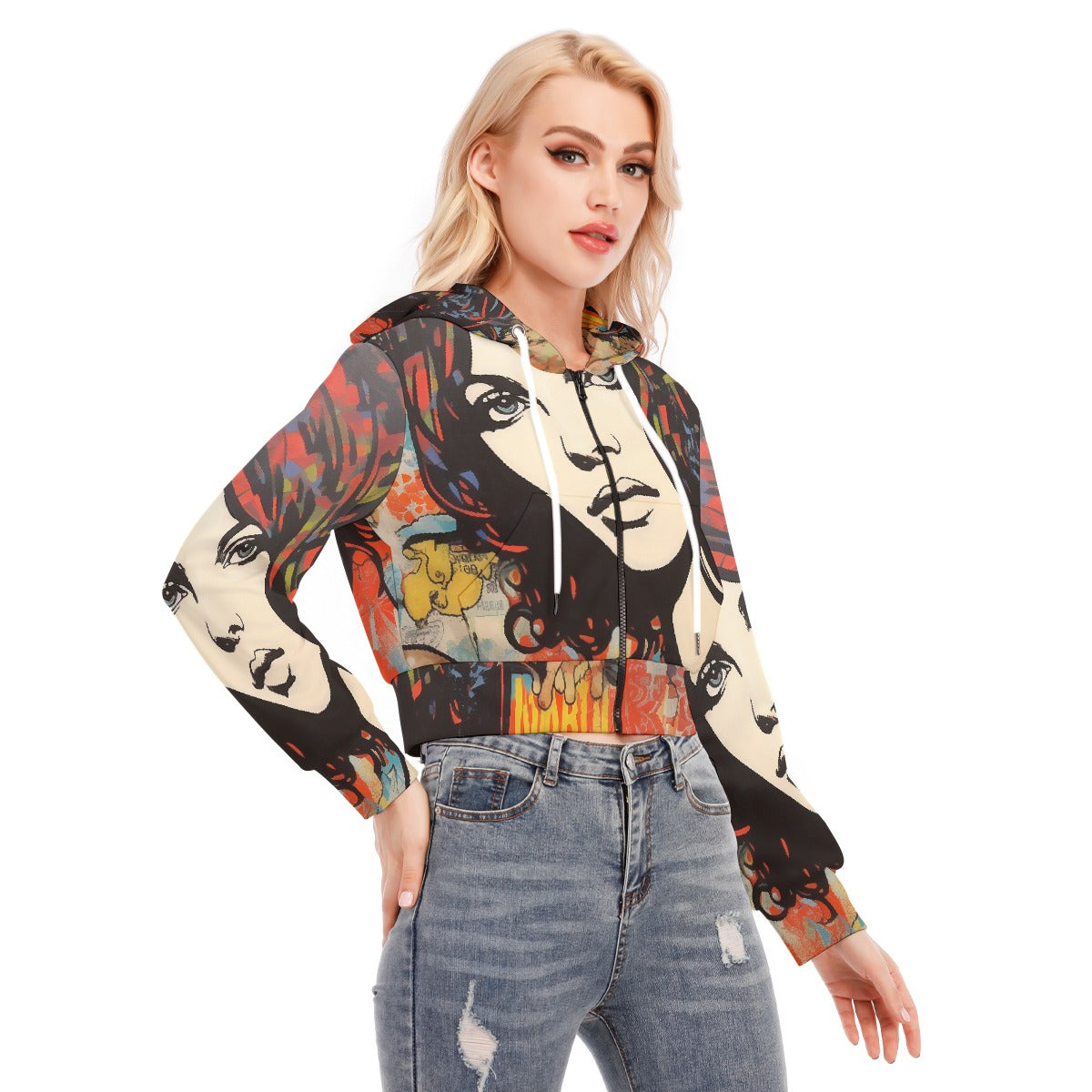 All-Over Print Women's Crop Top Hoodie With Zipper Closure
