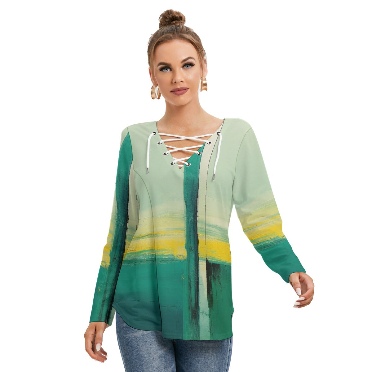 All-Over Print Women's Long Sleeve Neckline Tie Sweatshirt