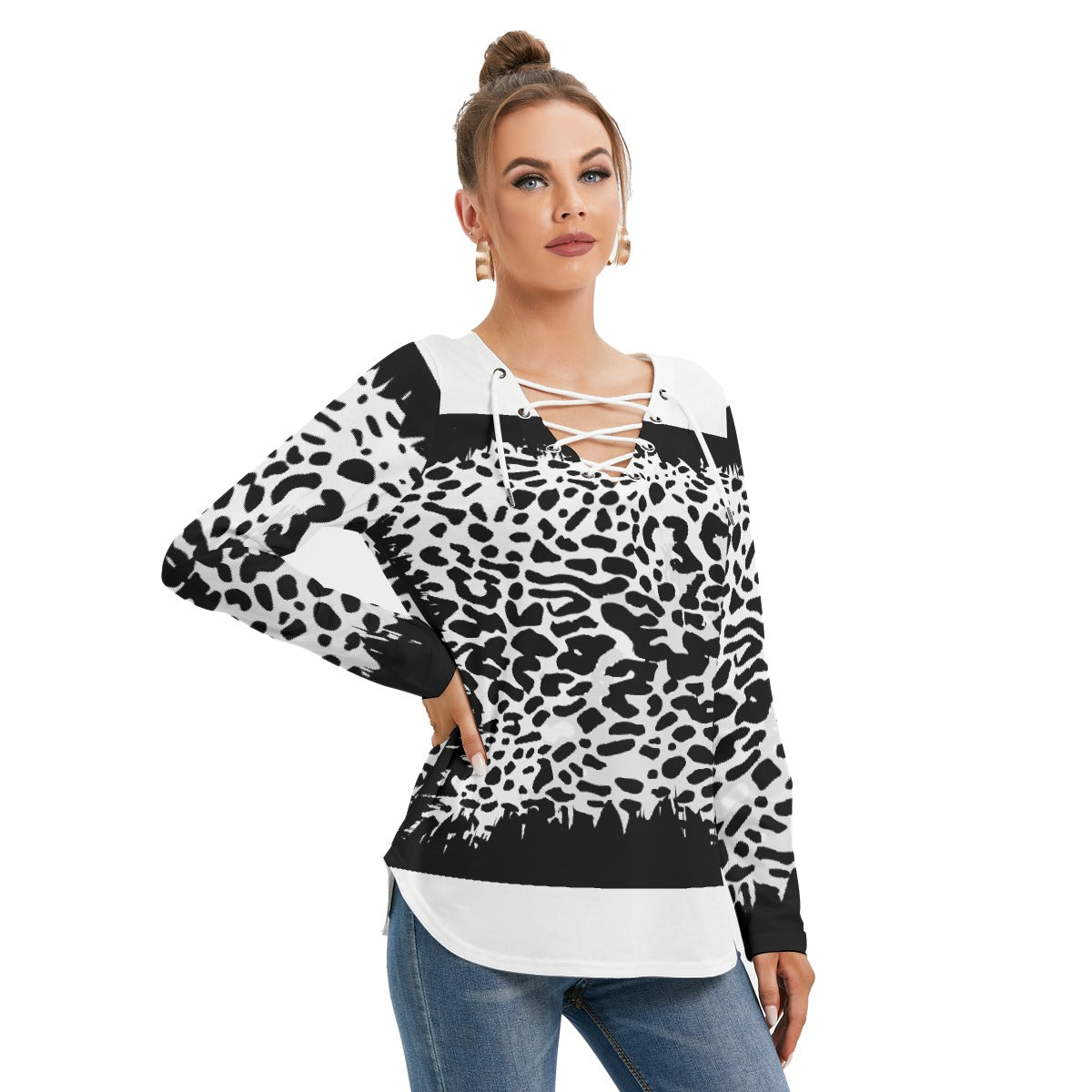 All-Over Print Women's Long Sleeve Neckline Tie Sweatshirt