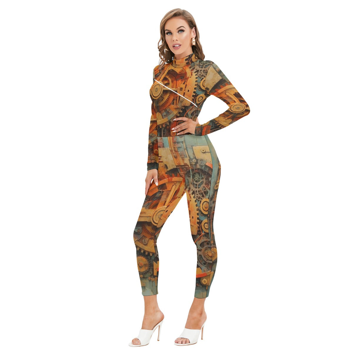 All-Over Print Women's Long-sleeved High-neck Jumpsuit With Zipper