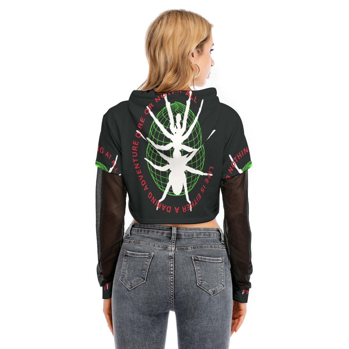 All-Over Print Women's Fake Two-piece Mesh Sleeve Cropped Hoodie
