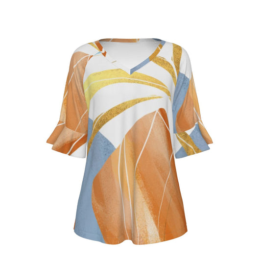 All-Over Print V-neck Women's T-shirt With Bell Sleeve