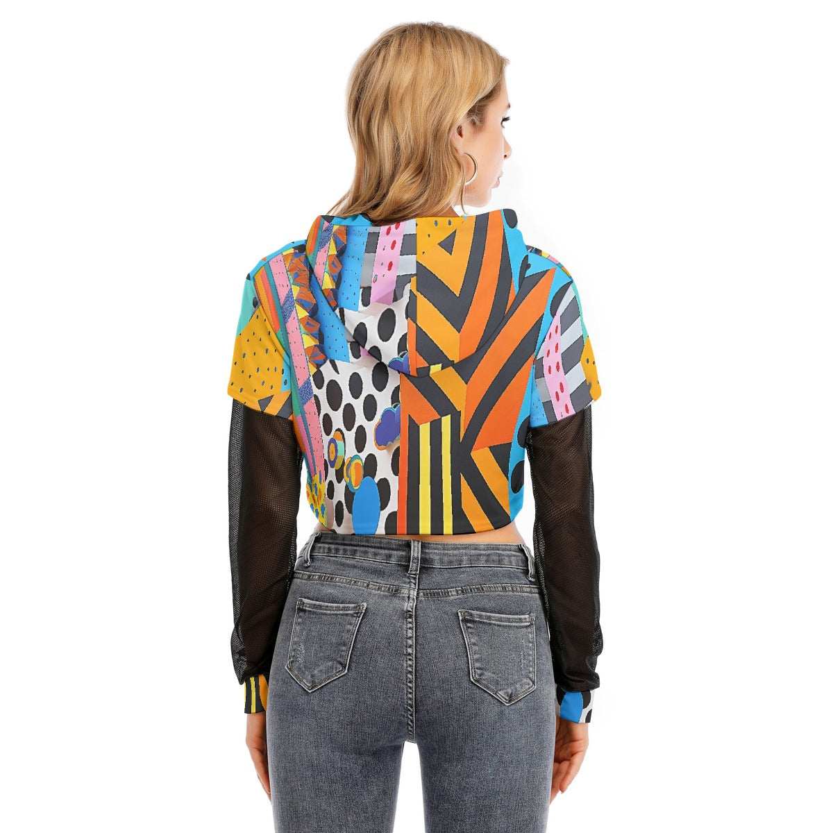 All-Over Print Women's Fake Two-piece Mesh Sleeve Cropped Hoodie