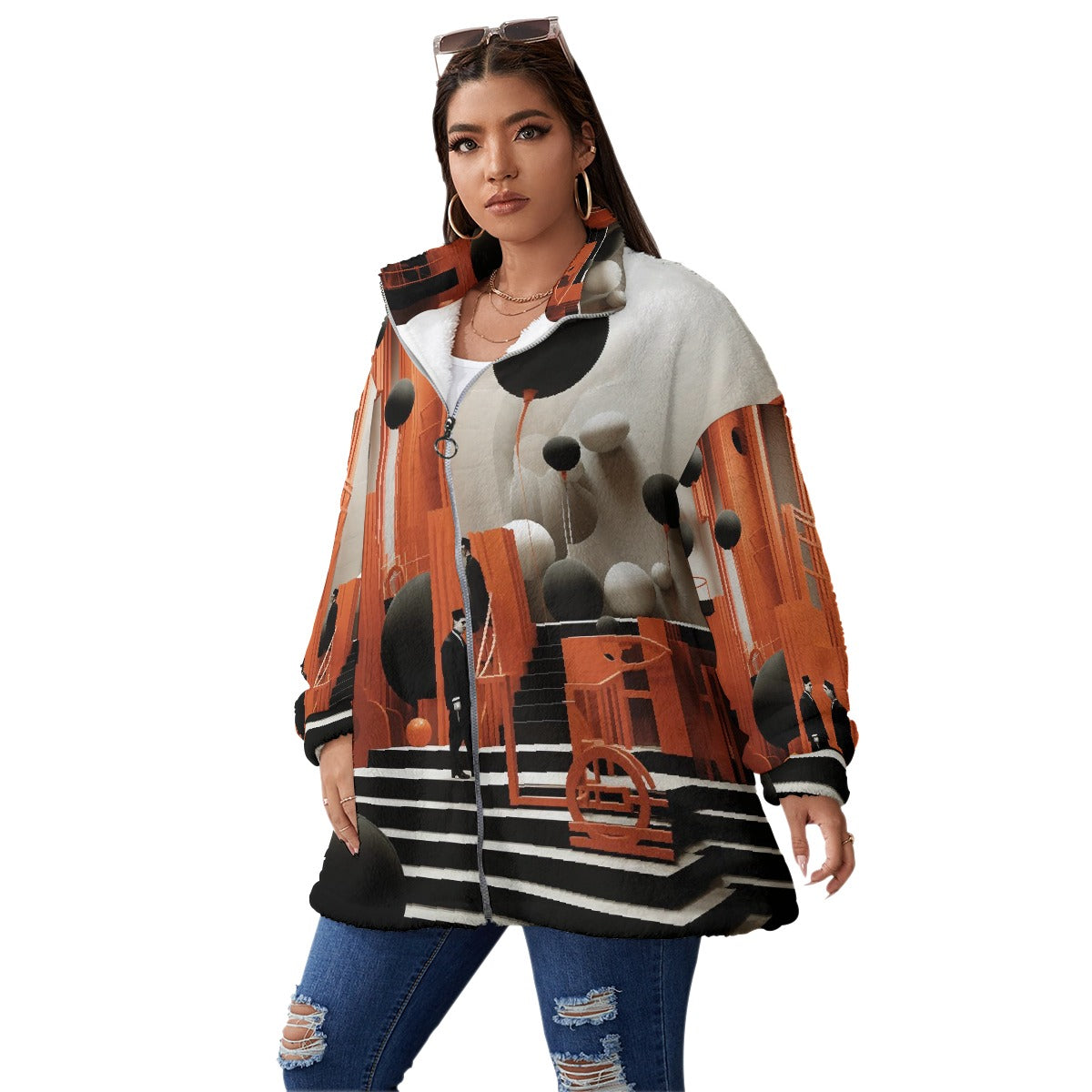 All-Over Print Unisex Borg Fleece Stand-up Collar Coat With Zipper Closure(Plus Size)