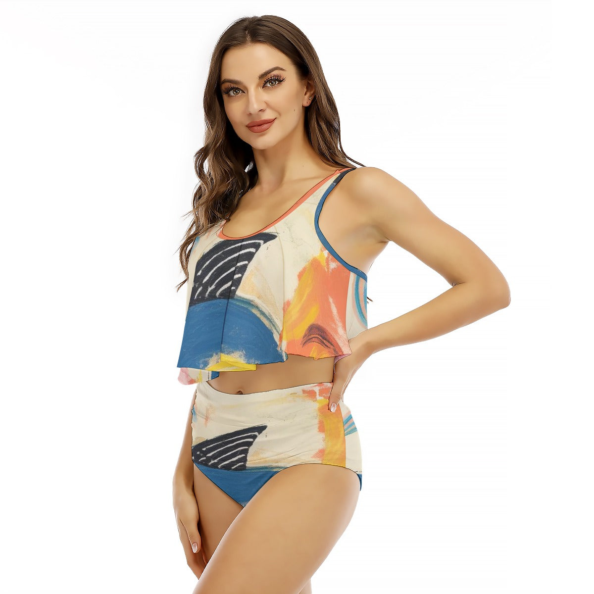 All-Over Print Women's Ruffled Vest Bikini Swimsuit