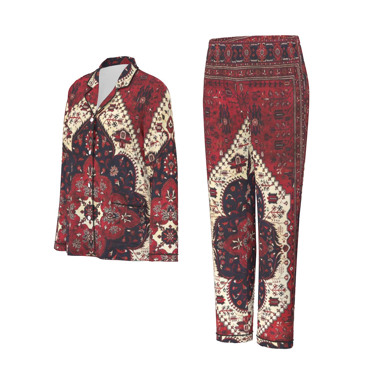 All-Over Print Women's Long Sleeve Pajama Set With Black Contrast Piping