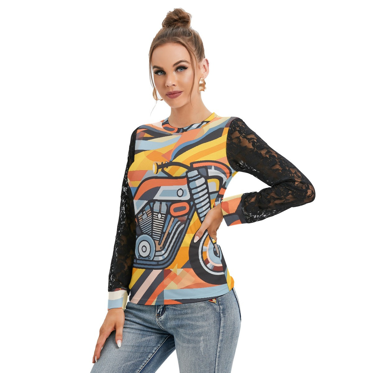 All-Over Print Women's T-shirt And Sleeve With Black Lace