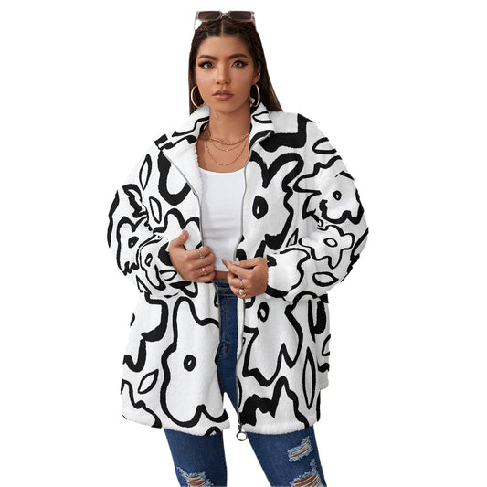 All-Over Print Unisex Borg Fleece Stand-up Collar Coat With Zipper Closure(Plus Size)