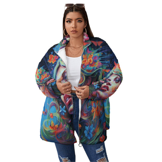 All-Over Print Unisex Borg Fleece Stand-up Collar Coat With Zipper Closure(Plus Size)