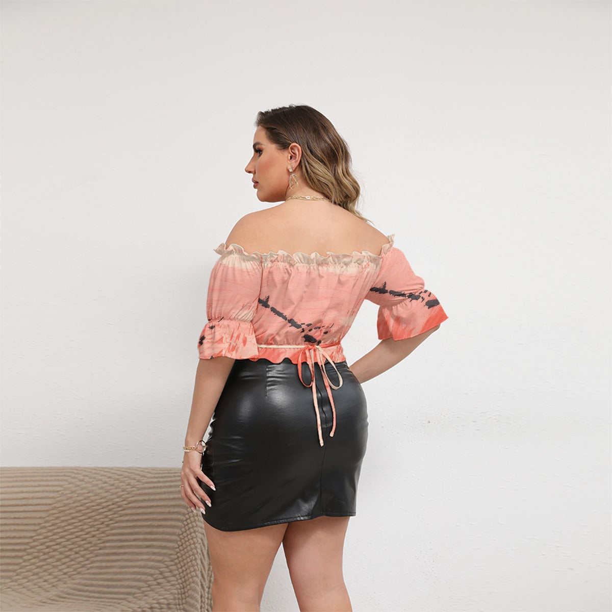 All-Over Print Women's Off-shoulder Cropped Top With Short Puff Sleeve