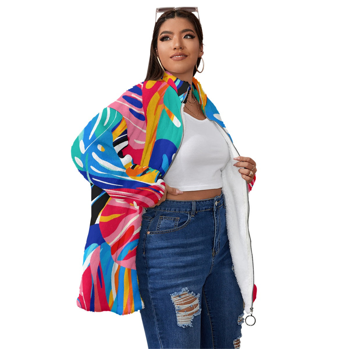 All-Over Print Unisex Borg Fleece Stand-up Collar Coat With Zipper Closure(Plus Size)