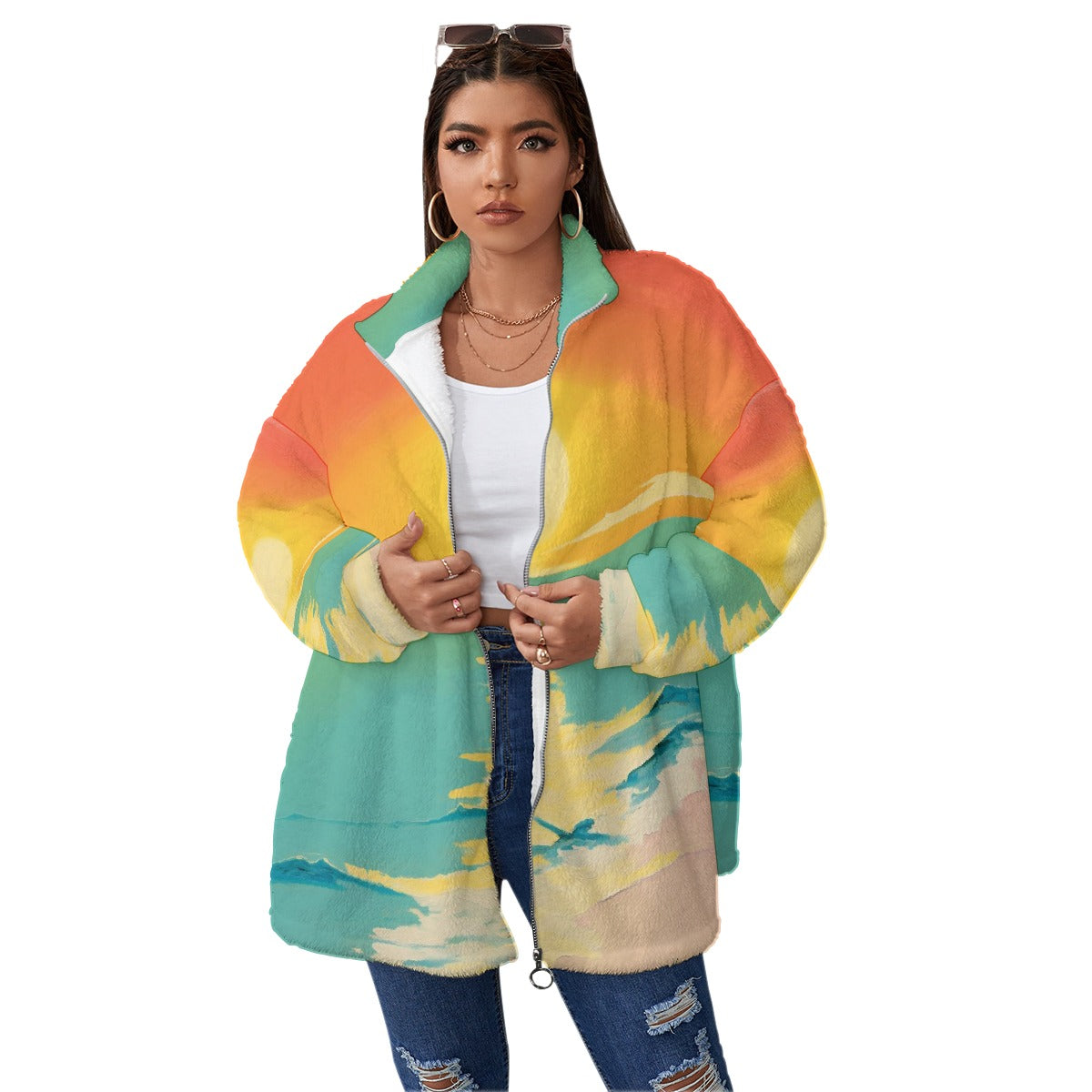 All-Over Print Unisex Borg Fleece Stand-up Collar Coat With Zipper Closure(Plus Size)