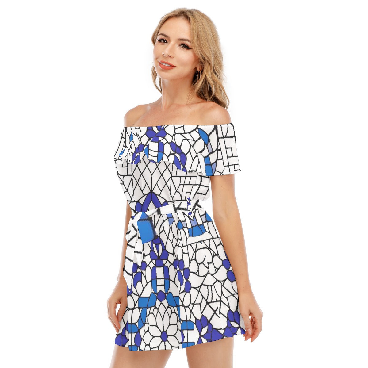 All-Over Print Women's Off-shoulder Dress With Ruffle