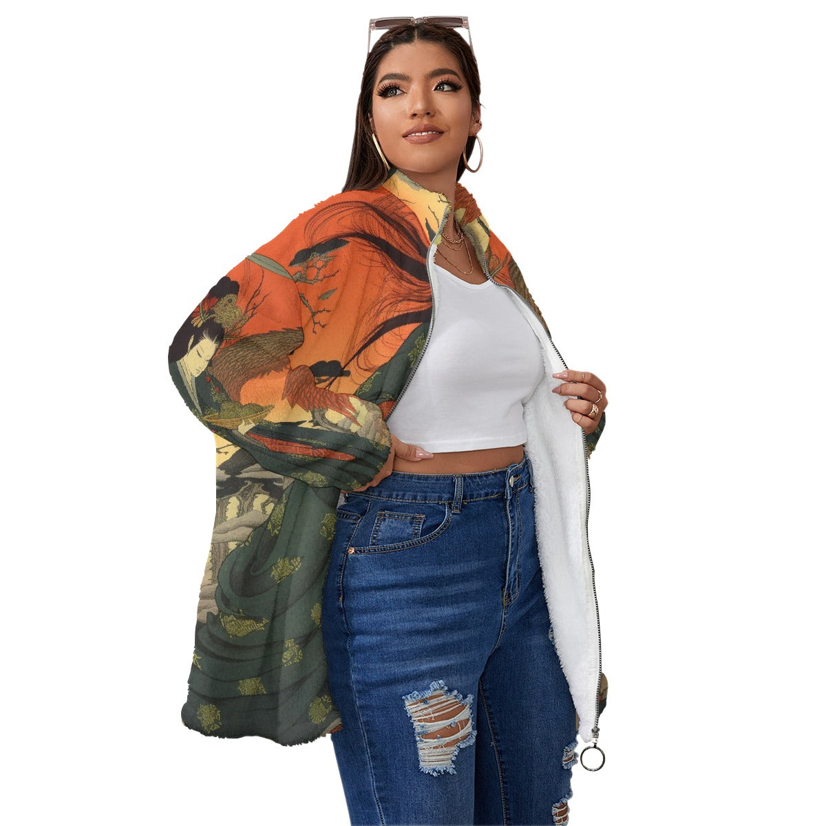 All-Over Print Unisex Borg Fleece Stand-up Collar Coat With Zipper Closure(Plus Size)