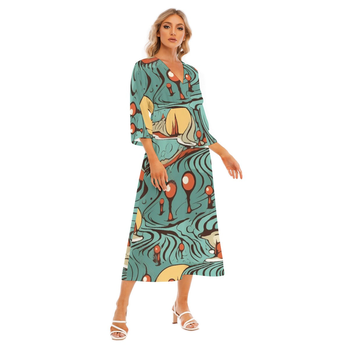 All-Over Print Women's Mid-Sleeve Long Dress