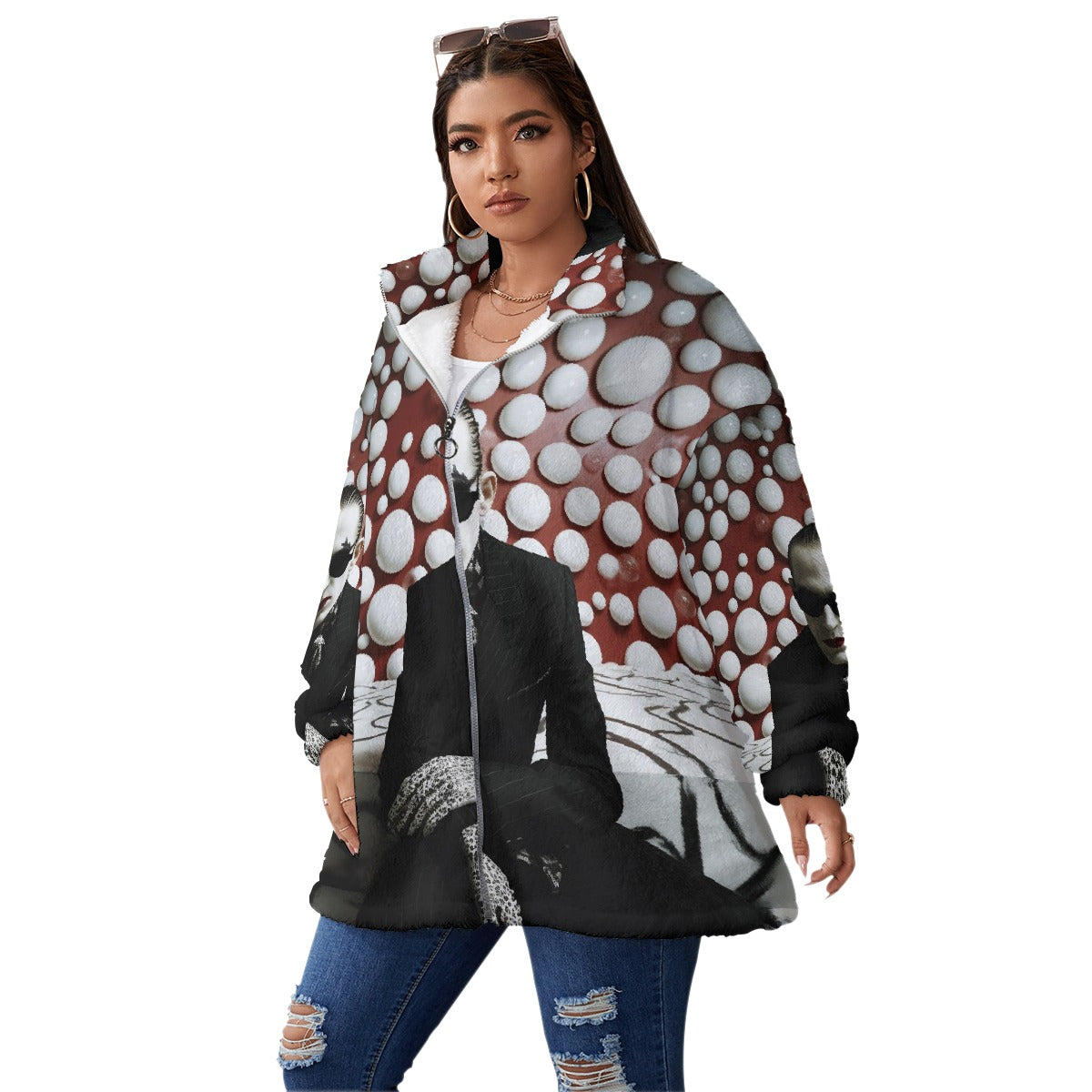All-Over Print Unisex Borg Fleece Stand-up Collar Coat With Zipper Closure(Plus Size)