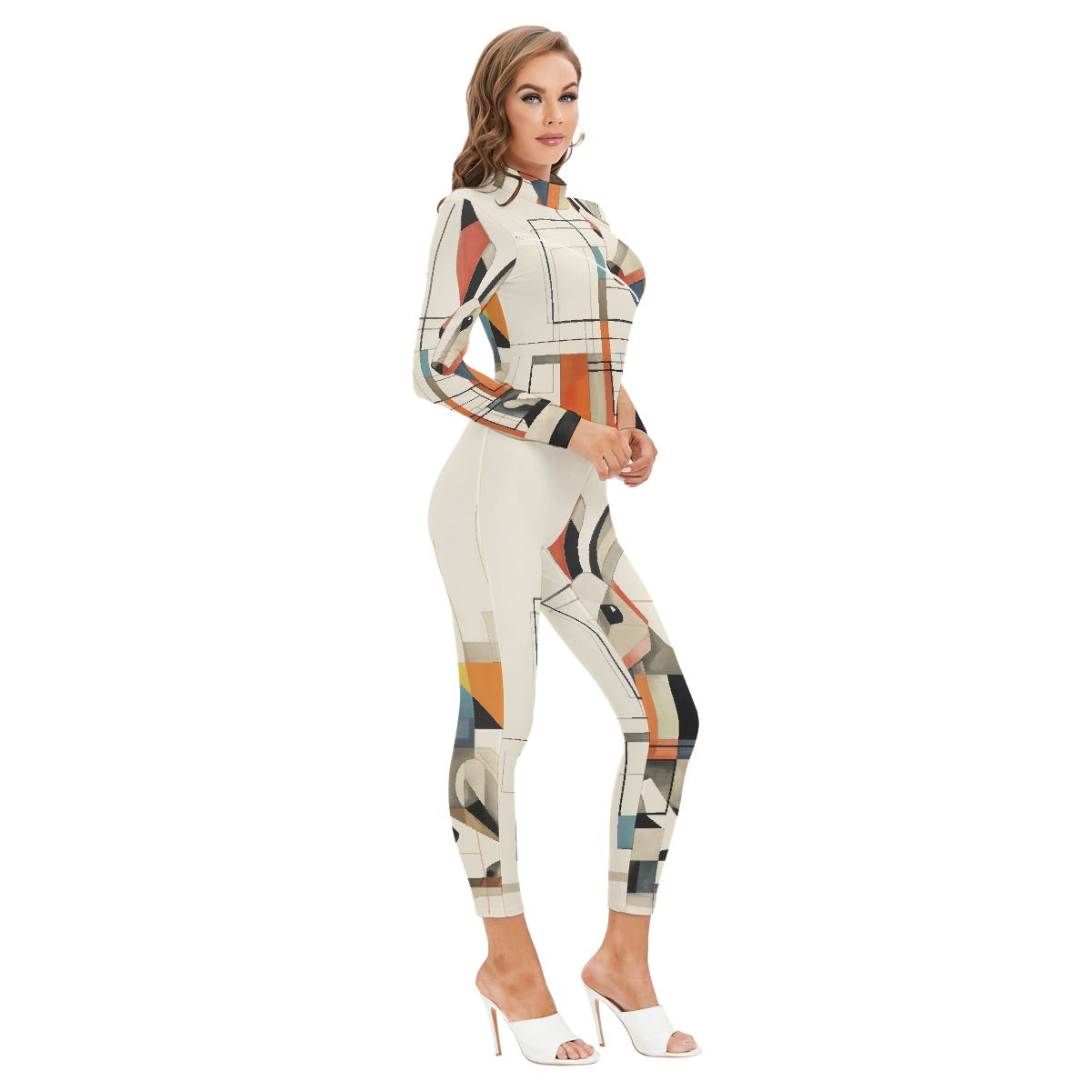 All-Over Print Women's Long-sleeved High-neck Jumpsuit With Zipper