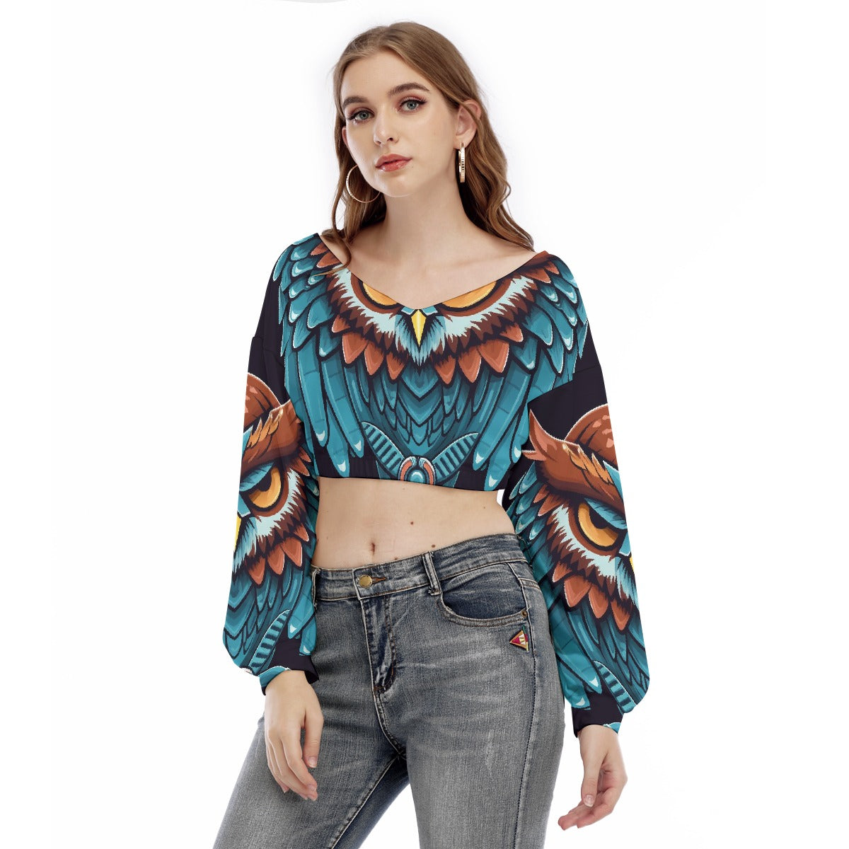 All-Over Print Women's V-neck Long Sleeve Cropped Sweatshirt