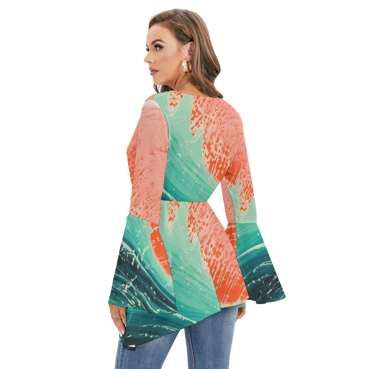 All-Over Print Women's V-neck Blouse With Flared Sleeves