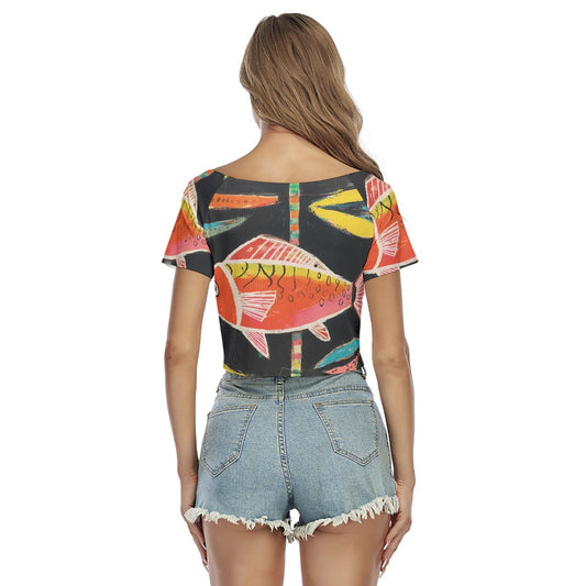 All-Over Print Women's Raglan Drawstring Front  Crop Tee