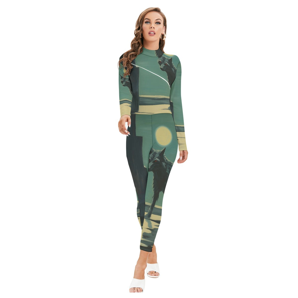All-Over Print Women's Long-sleeved High-neck Jumpsuit With Zipper