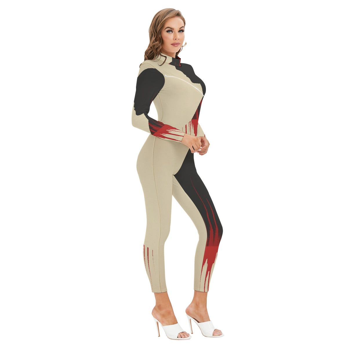 All-Over Print Women's Long-sleeved High-neck Jumpsuit With Zipper