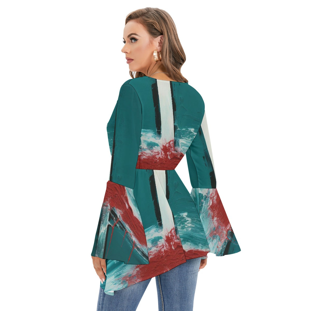 All-Over Print Women's V-neck Blouse With Flared Sleeves