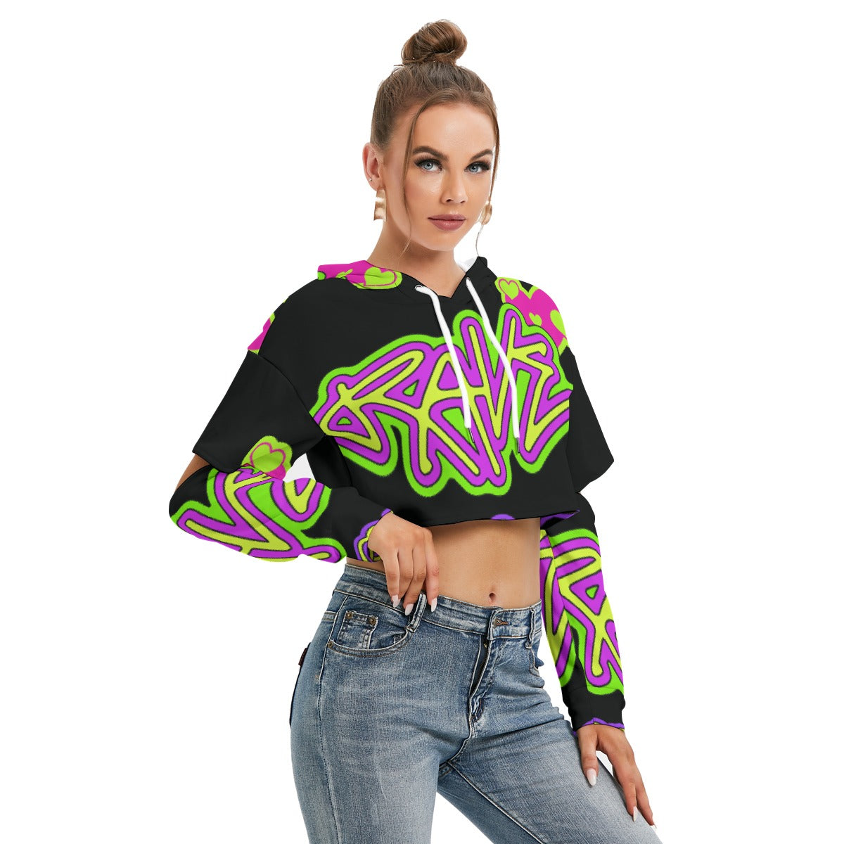 All-Over Print Women's Heavy Fleece Hoodie With Hollow Out Sleeve